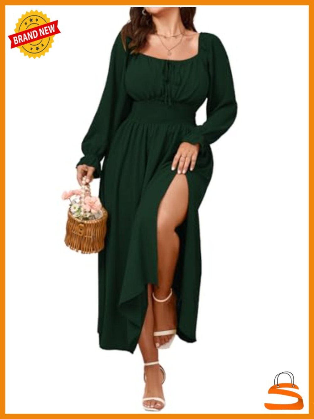 Plus Size Milkmaid Maxi Dress Long Sleeve Smocked A-Line